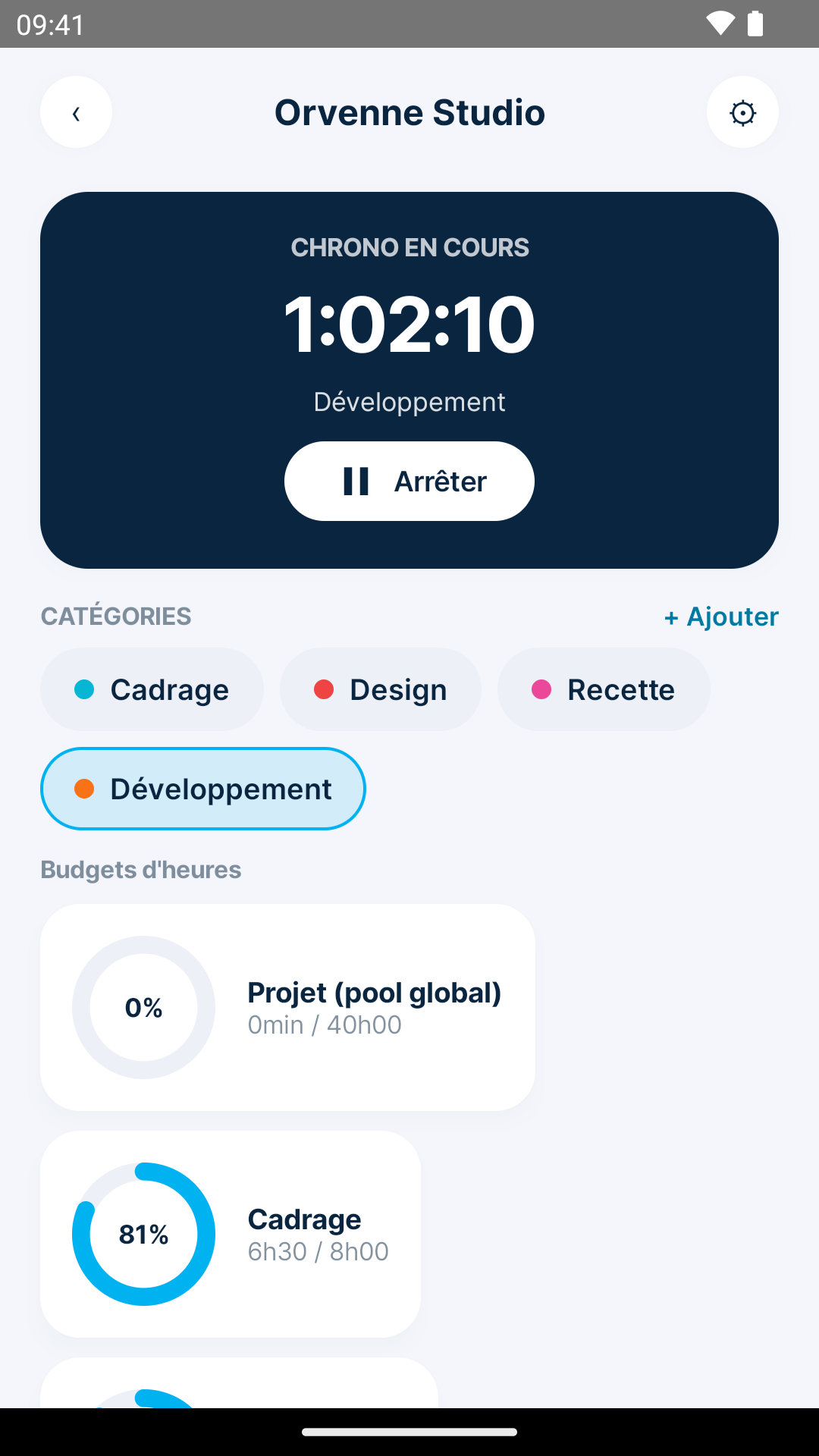 Détail d’un projet sur Android, avec le chronomètre en cours et le budget consommé
