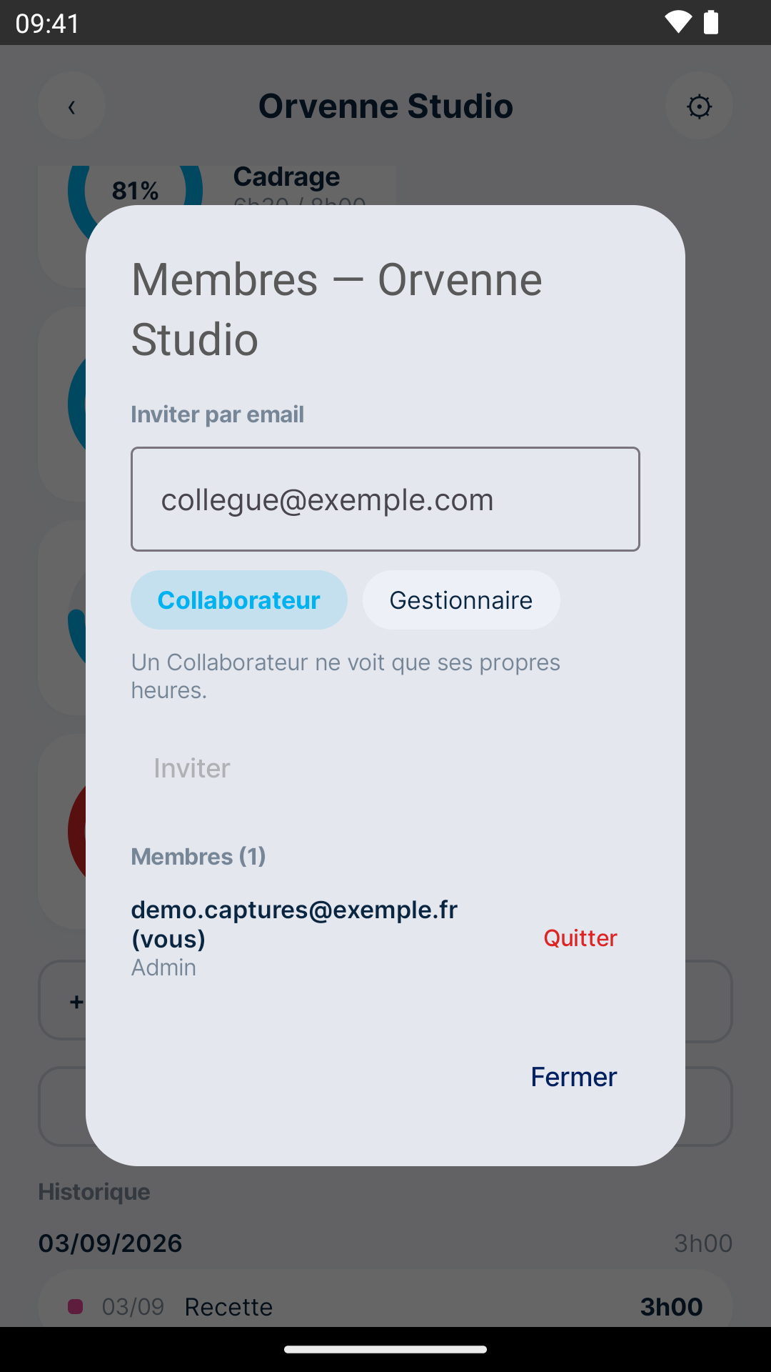 Écran des membres d’un projet sur Android