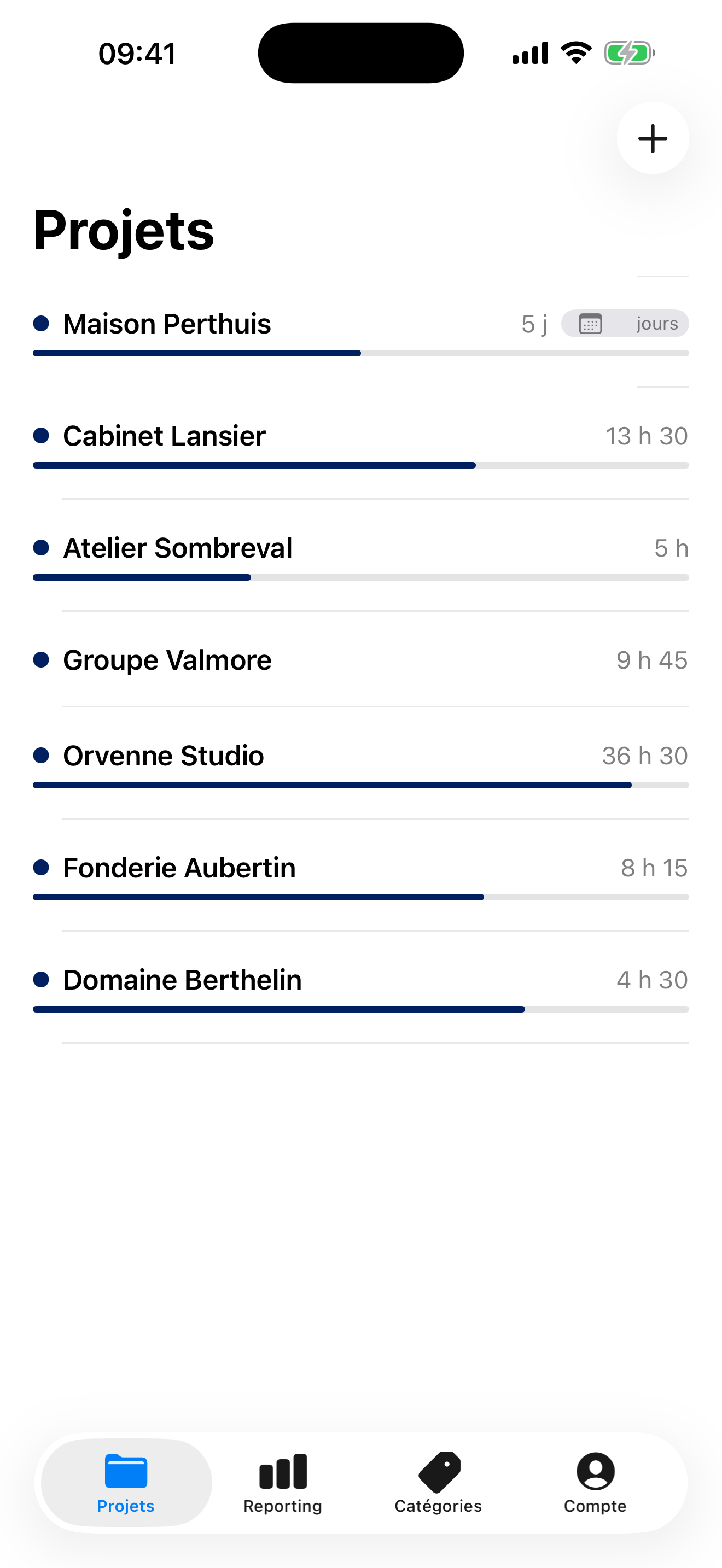 Liste des projets sur iPhone, avec le temps cumulé sur chacun et un chronomètre en cours