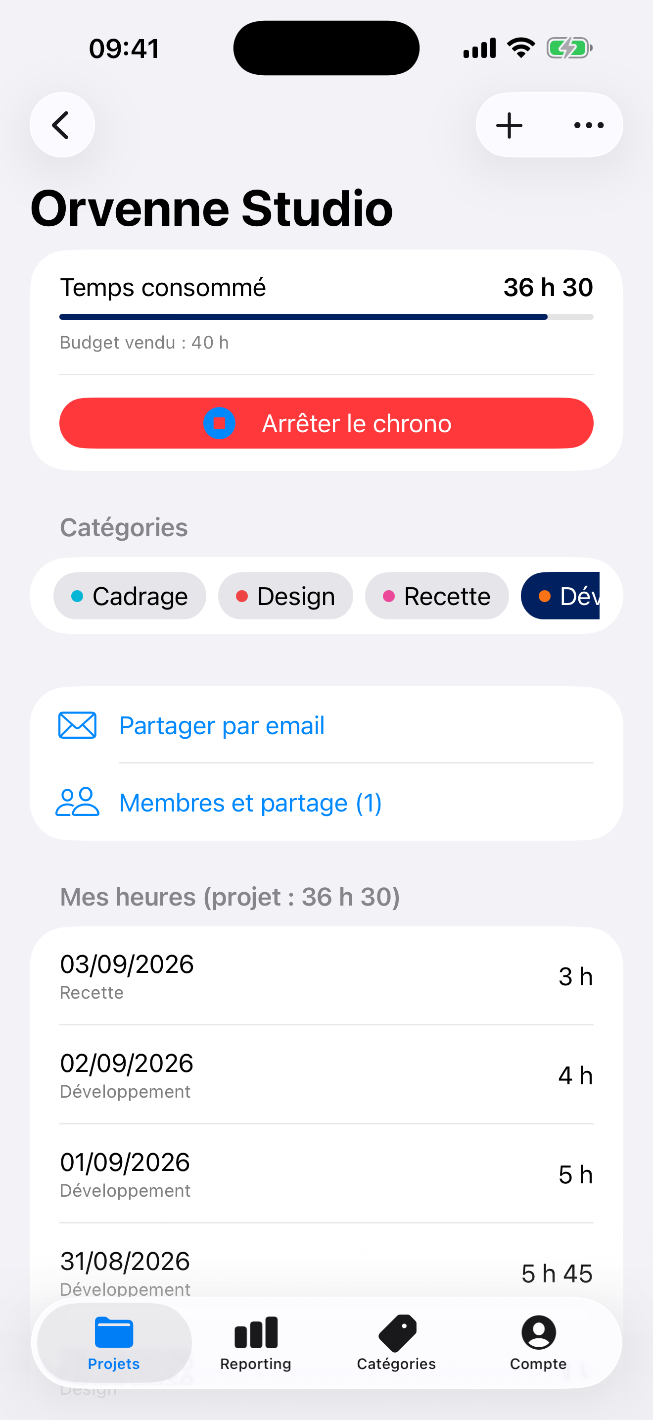 Détail d’un projet sur iPhone, avec le chronomètre en cours et le budget consommé
