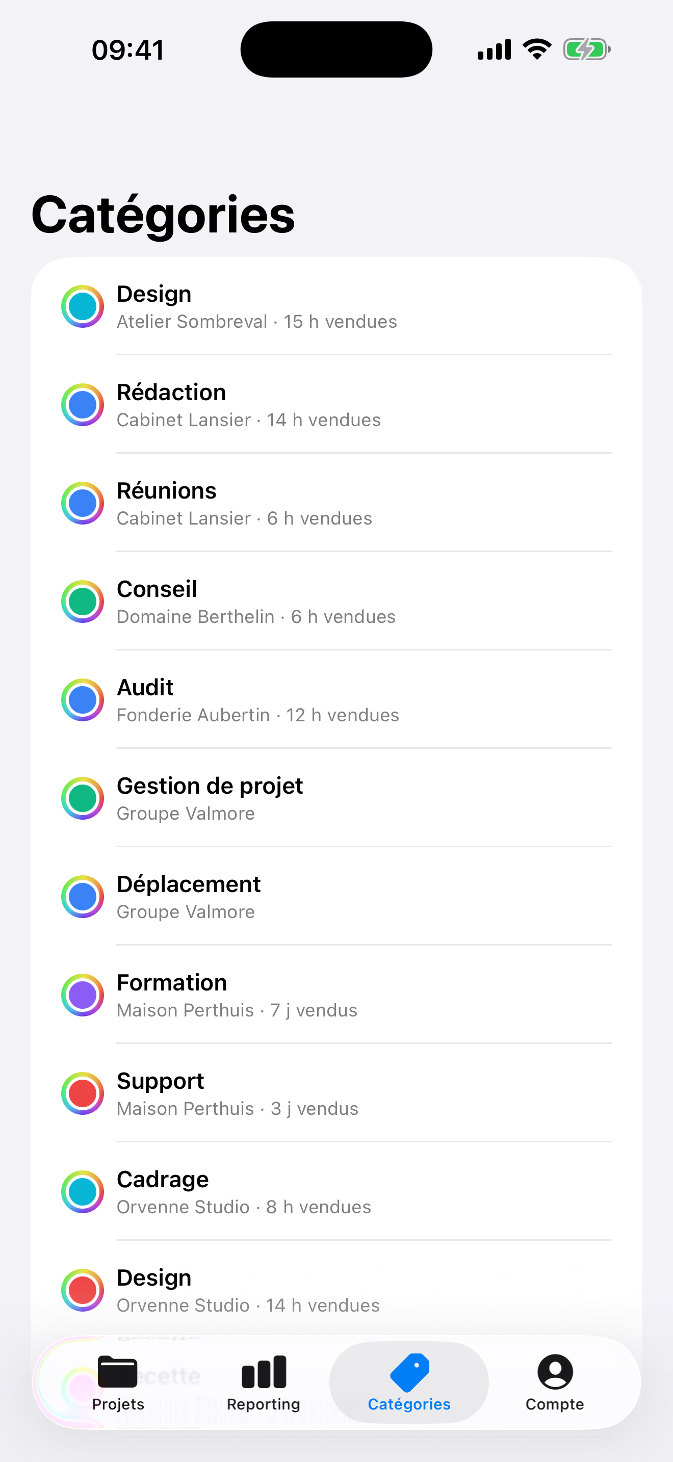 Écran de gestion des catégories sur iPhone
