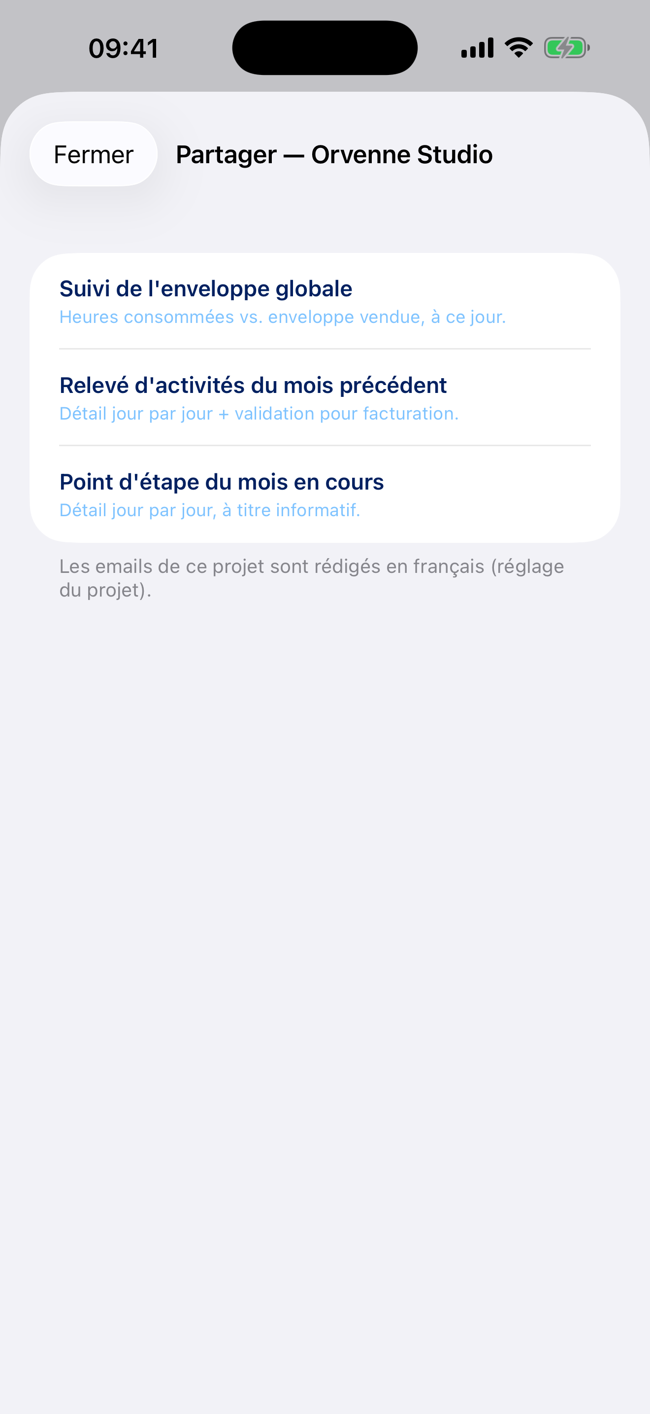 Modèle d’email de récapitulatif, prêt à être envoyé depuis iPhone