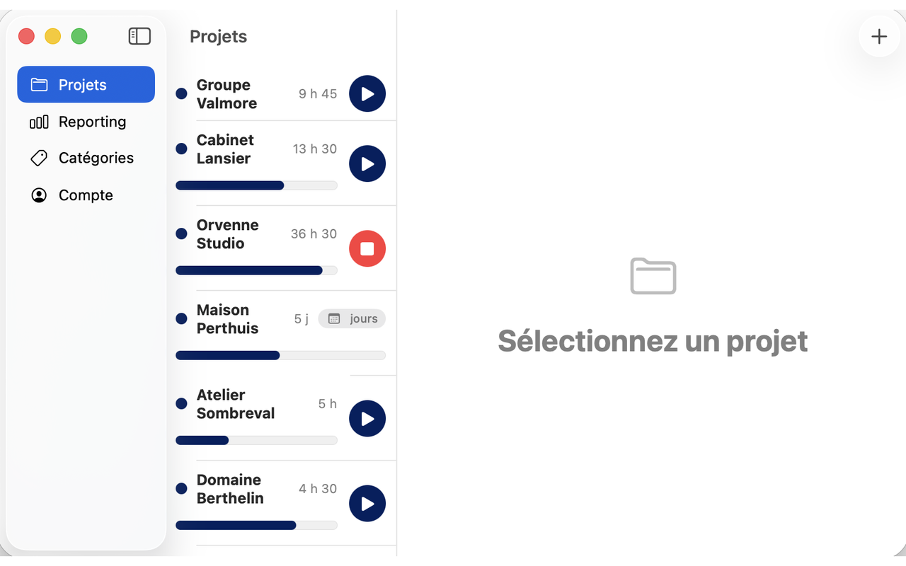 Liste des projets sur Mac, avec le temps cumulé sur chacun