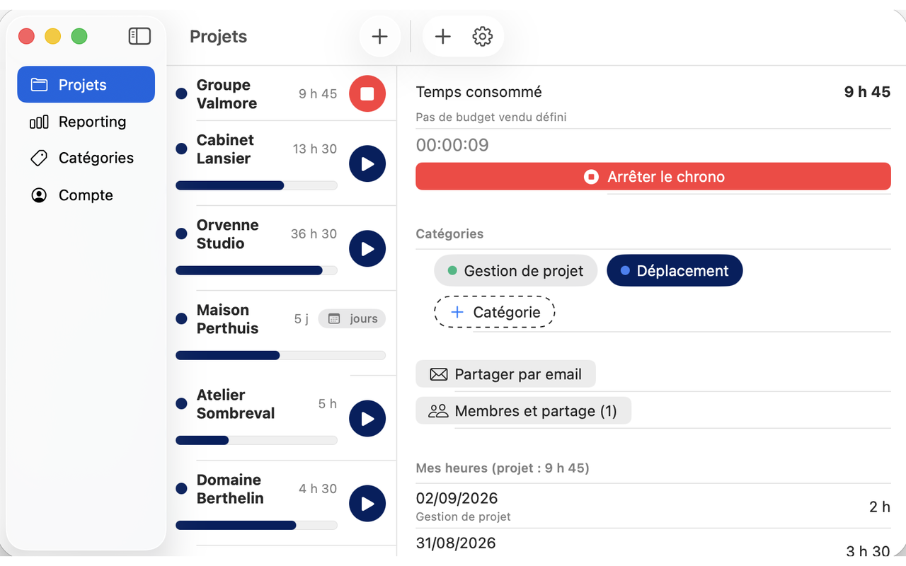 Détail d’un projet sur Mac, avec le chronomètre en cours et les catégories