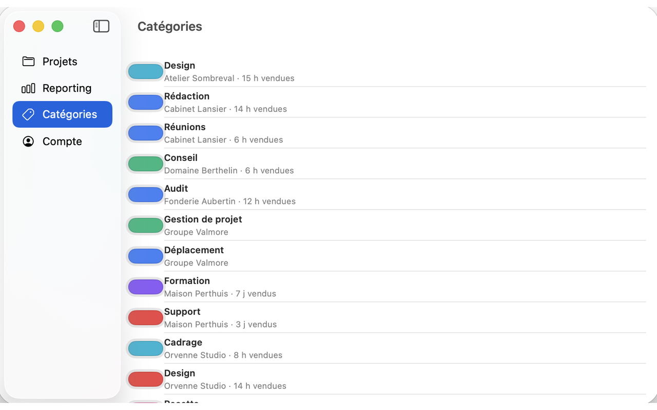 Écran de gestion des catégories sur Mac