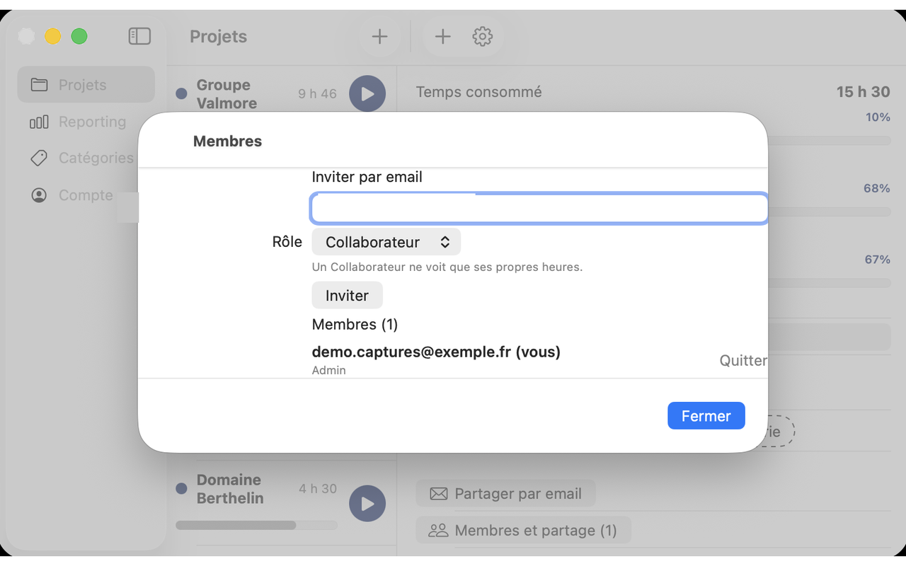 Écran des membres d’un projet sur Mac
