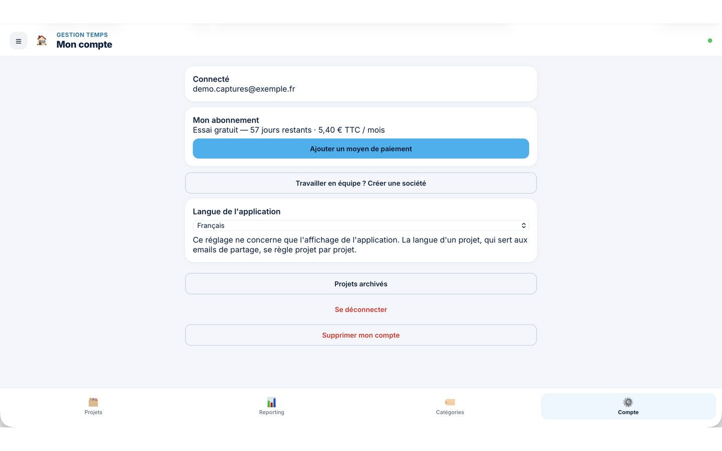 Écran du compte dans le navigateur, abonnement et langue de l’application